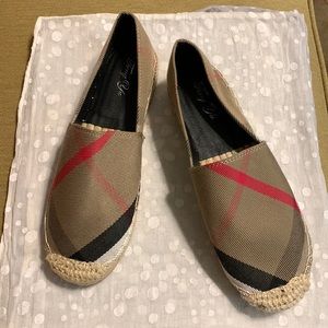 Canvas shoes. Brown with red and blue.